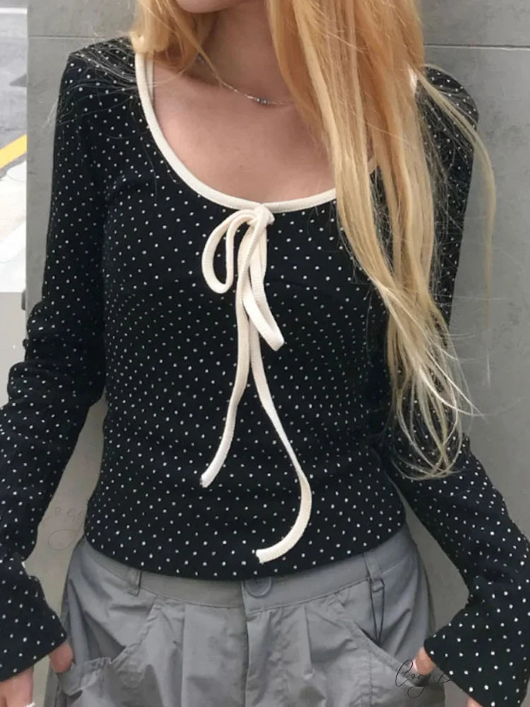 Casual Contrast Color Dot Printed Slim O-Neck Knit Top Black / S knittop-250126