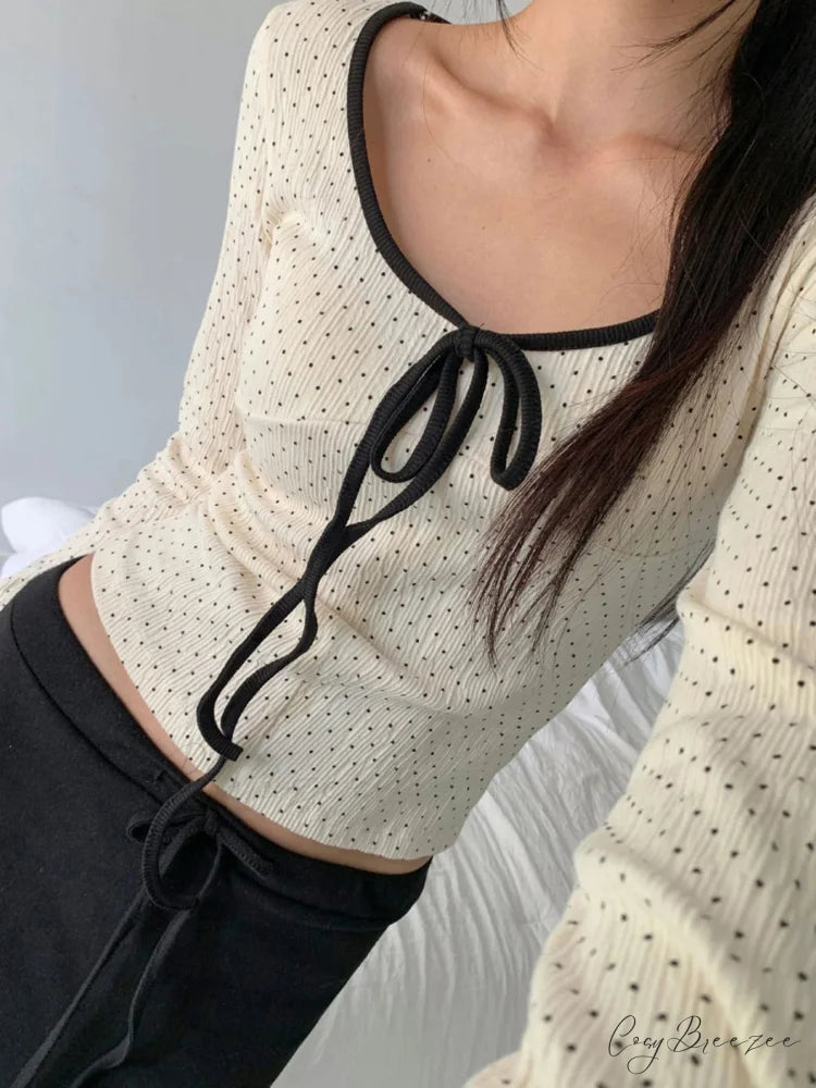Casual Contrast Color Dot Printed Slim O-Neck Knit Top knittop-250126