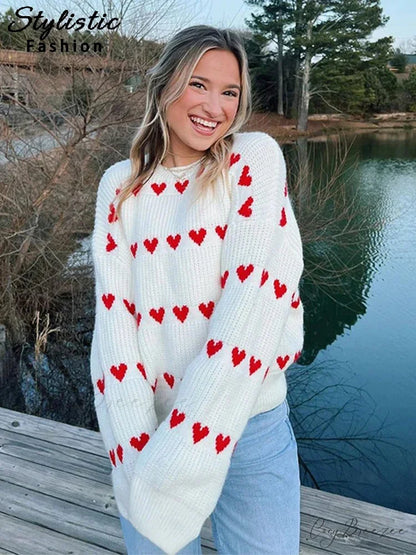 Casual Cozy Heart Print Loose O-neck Long Sleeve Stylish Warm Sweater