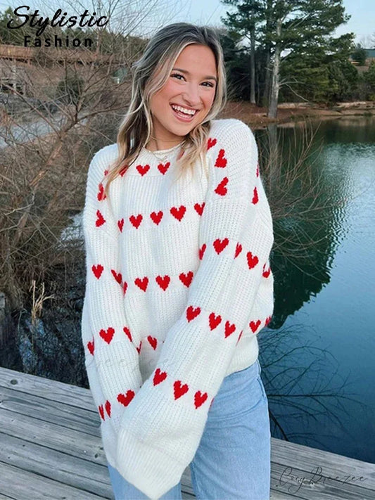 Casual Cozy Heart Print Loose O-neck Long Sleeve Stylish Warm Sweater