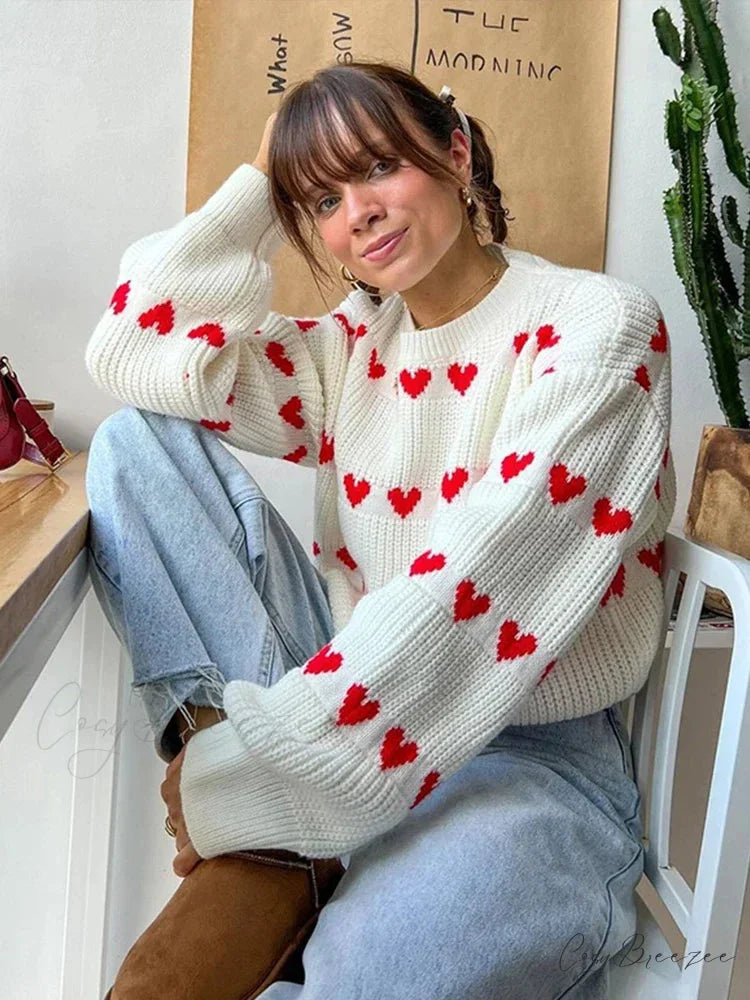 Casual Cozy Heart Print Loose O-neck Long Sleeve Stylish Warm Sweater