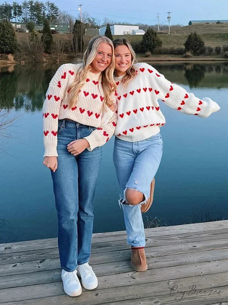 Casual Cozy Heart Print Loose O-neck Long Sleeve Stylish Warm Sweater