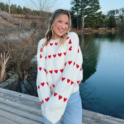 Casual Cozy Heart Print Loose O-neck Long Sleeve Stylish Warm Sweater WHITE / S
