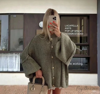 Casual Cozy Loose O-neck Elegant Solid Comfortable Lantern Sleeve Stylish Sweater GREEN / S