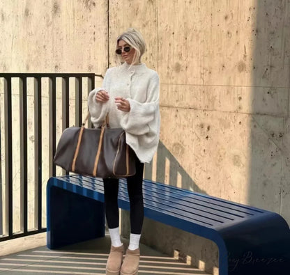 Casual Cozy Loose O-neck Elegant Solid Comfortable Lantern Sleeve Stylish Sweater WHITE / S