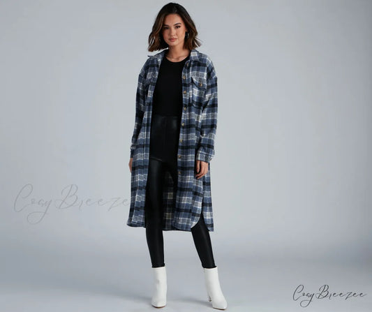 Casual Cozy Plaid Shacket BLUE / S/M