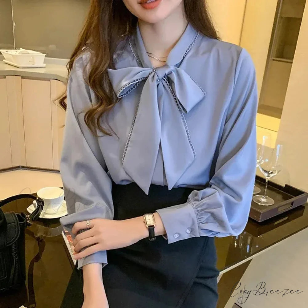 Casual Elegant Satin Chiffon Blue Crop Top blouse-250126