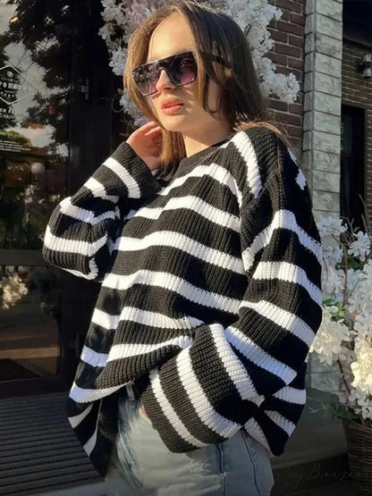 Casual Elegant Striped Cozy Oversize Autumnal Gray Fashionable Sweater