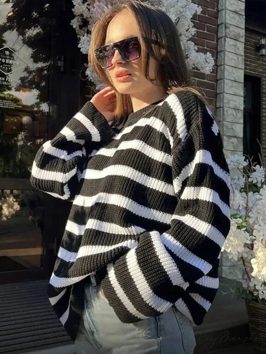 Casual Elegant Striped Cozy Oversize Autumnal Gray Fashionable Sweater