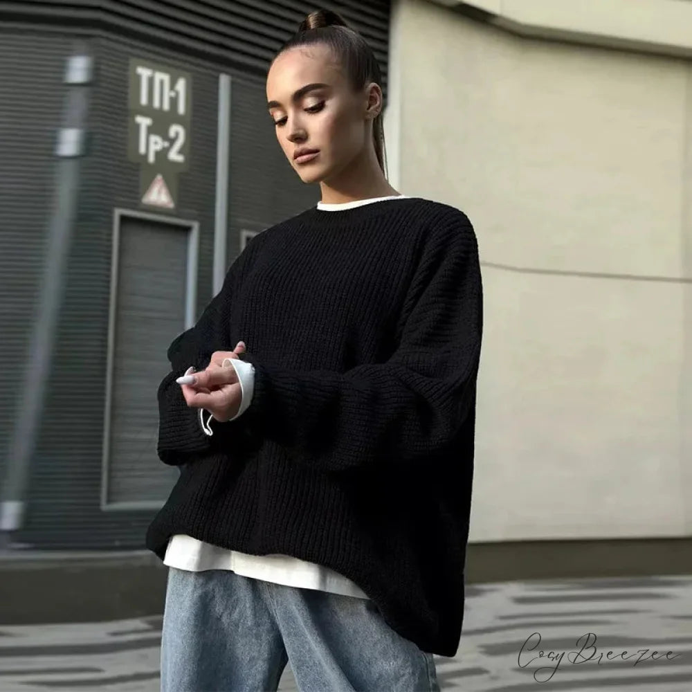 Casual Elegant Striped Cozy Oversize Autumnal Gray Fashionable Sweater Black / S