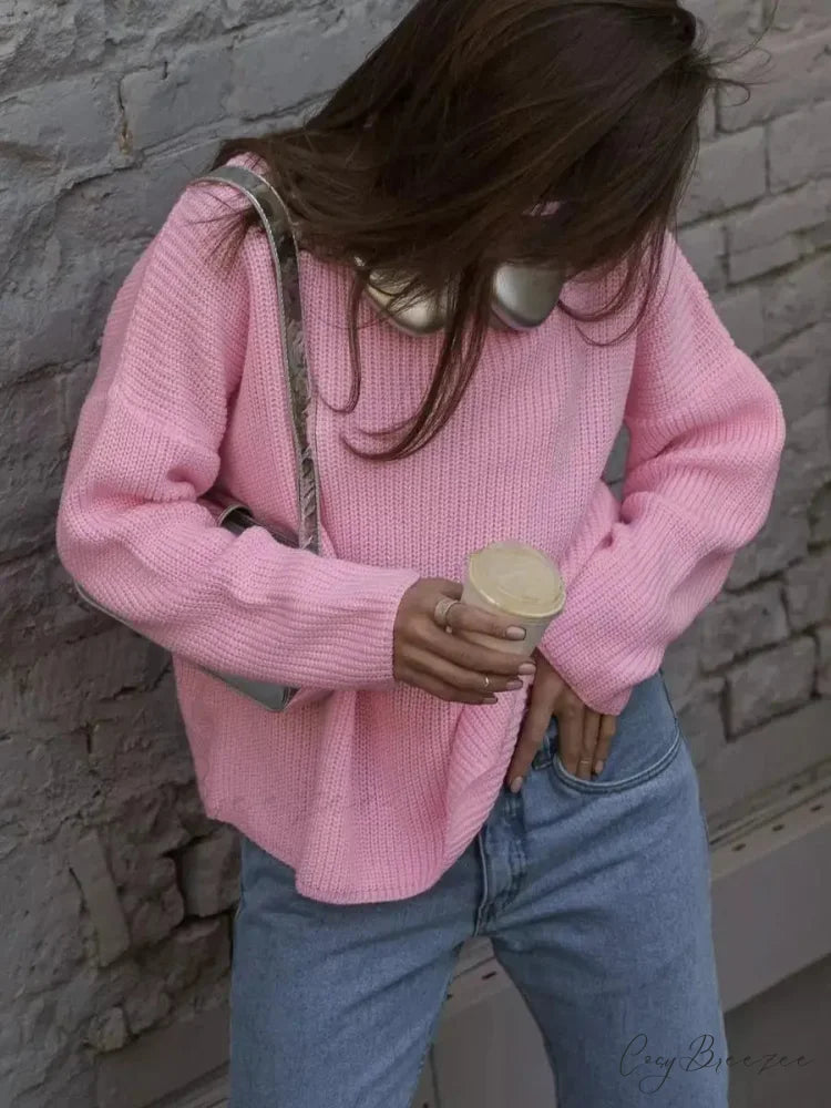 Casual Elegant Striped Cozy Oversize Autumnal Gray Fashionable Sweater Pink / S