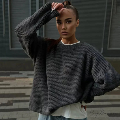 Casual Elegant Striped Cozy Oversize Autumnal Gray Fashionable Sweater Gray / S