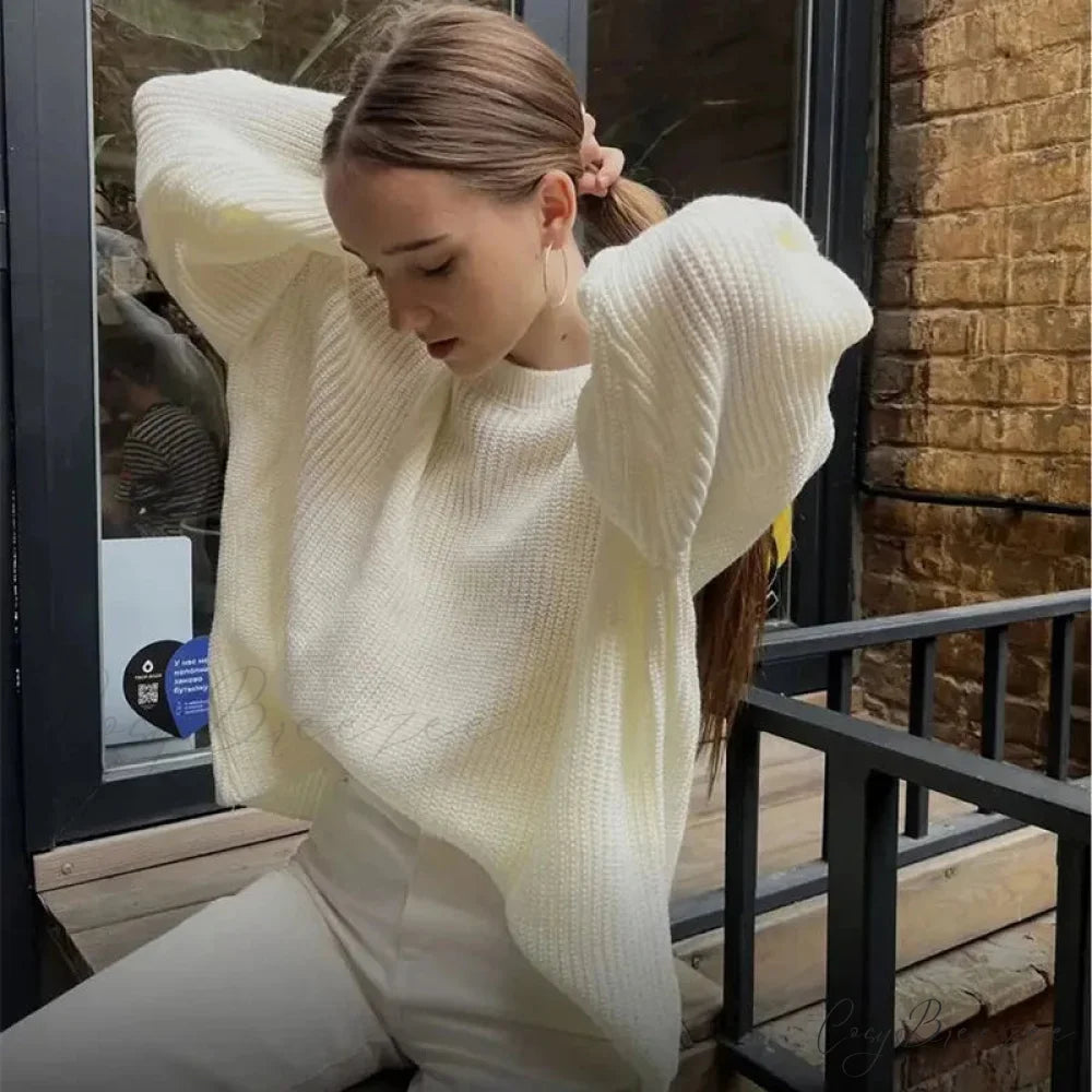 Casual Elegant Striped Cozy Oversize Autumnal Gray Fashionable Sweater White / S