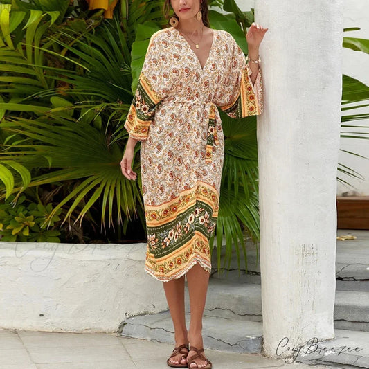 Casual Ethnic Floral Print Loose Cover-Up Dress Yellow / One Size bohodress-250126