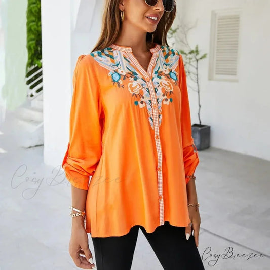 Casual Floral Embroidery Oversize Cotton Long Sleeve Blouse bohoblouse-250126