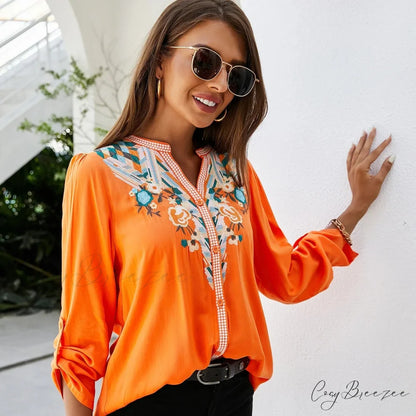 Casual Floral Embroidery Oversize Cotton Long Sleeve Blouse bohoblouse-250126