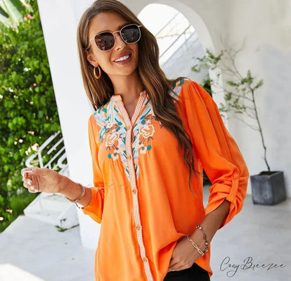 Casual Floral Embroidery Oversize Cotton Long Sleeve Blouse bohoblouse-250126