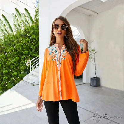 Casual Floral Embroidery Oversize Cotton Long Sleeve Blouse bohoblouse-250126