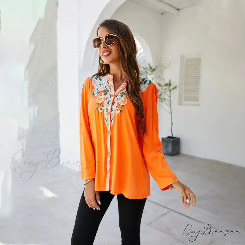 Casual Floral Embroidery Oversize Cotton Long Sleeve Blouse Orange / S bohoblouse-250126