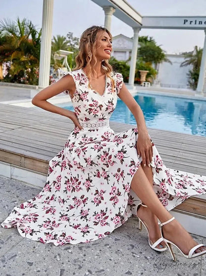 Casual Floral Lace Collar Irregular Waist Dress Mixed Color / S oldfloraldress-250126