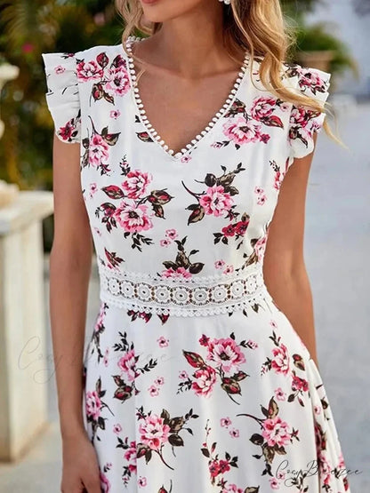 Casual Floral Lace Collar Irregular Waist Dress oldfloraldress-250126