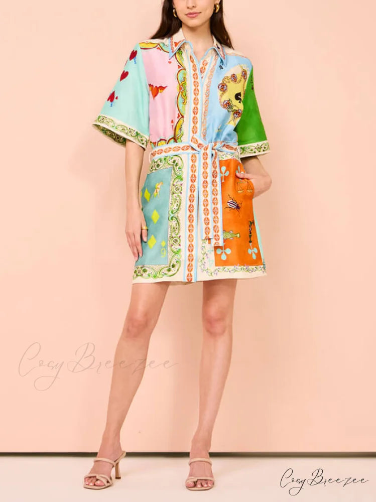 Casual fun printed Charming shirt cardigan short dress