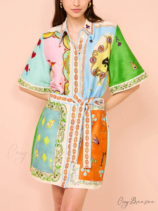 Casual fun printed Charming shirt cardigan short dress Multi-Color / S