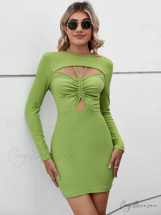 CASUAL HALTER HOLLOW SHORT SLEEVE DRESS S / green