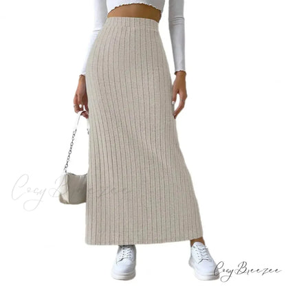 Casual High Waist Sexy Knitted Elegant Solid Long Autumn Winter Fashionable Skirt Apricot / S