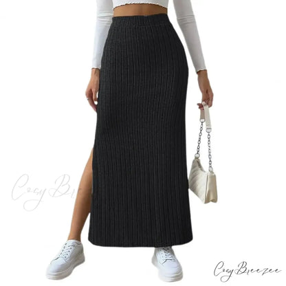 Casual High Waist Sexy Knitted Elegant Solid Long Autumn Winter Fashionable Skirt Black / S