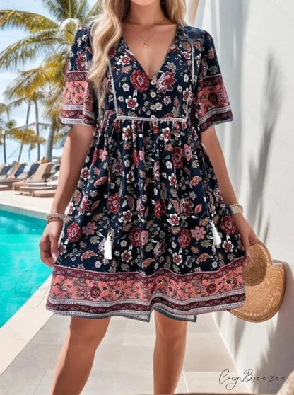 Casual Holiday Floral Print V-neck Short Sleeve Sundress Navy Blue / S oldfloraldress-250126
