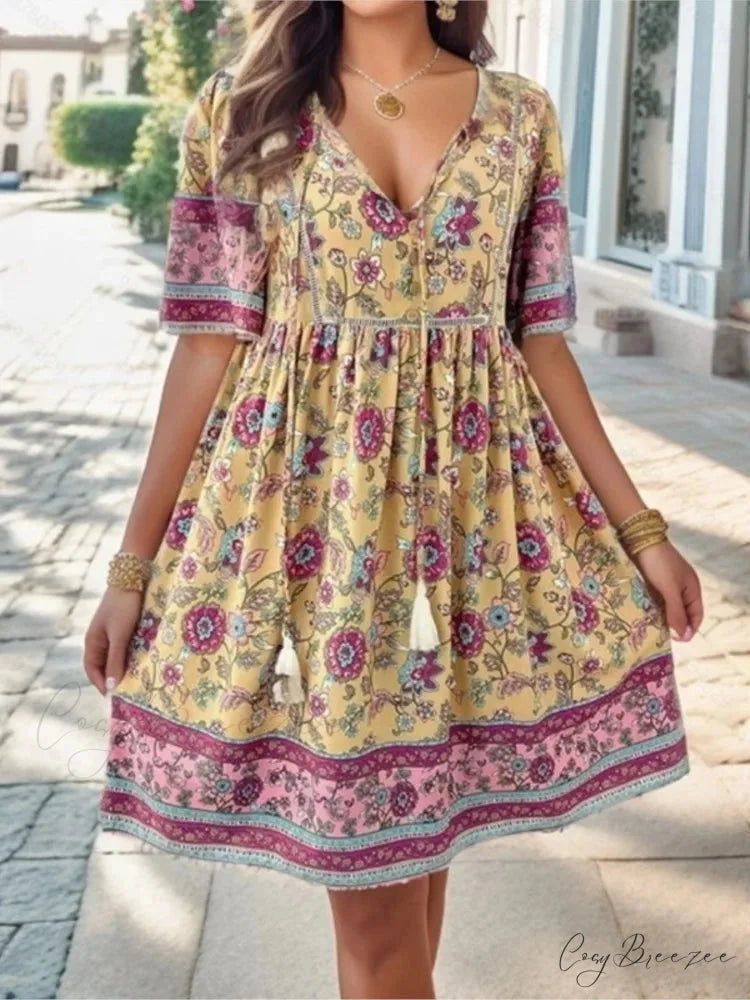 Casual Holiday Floral Print V-neck Short Sleeve Sundress oldfloraldress-250126