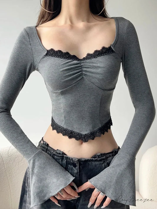 Casual Lace Trim Cropped Slim Square Collar Knit Top GRAY / S knittop-250126