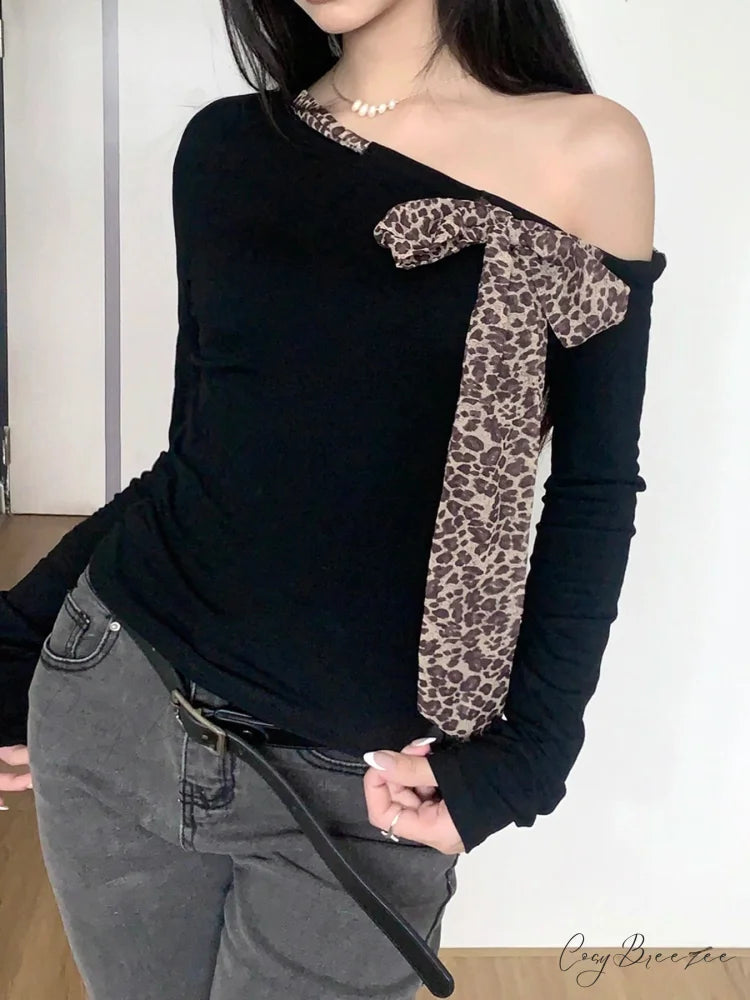 Casual Leopard Bow Slim Bandage Crew Neck Knit Top Black / S knittop-250126