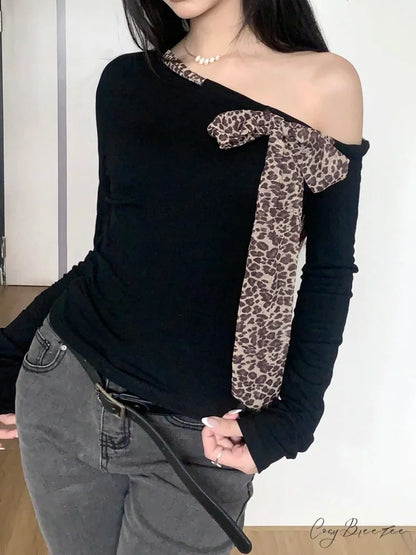 Casual Leopard Bow Slim Bandage Crew Neck Knit Top Black / S knittop-250126