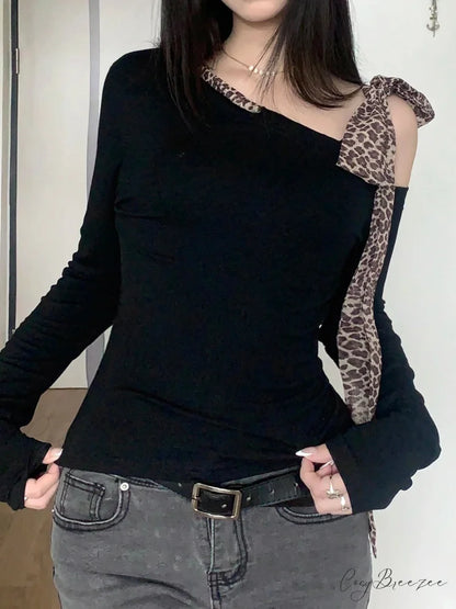 Casual Leopard Bow Slim Bandage Crew Neck Knit Top knittop-250126