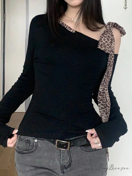 Casual Leopard Bow Slim Bandage Crew Neck Knit Top knittop-250126
