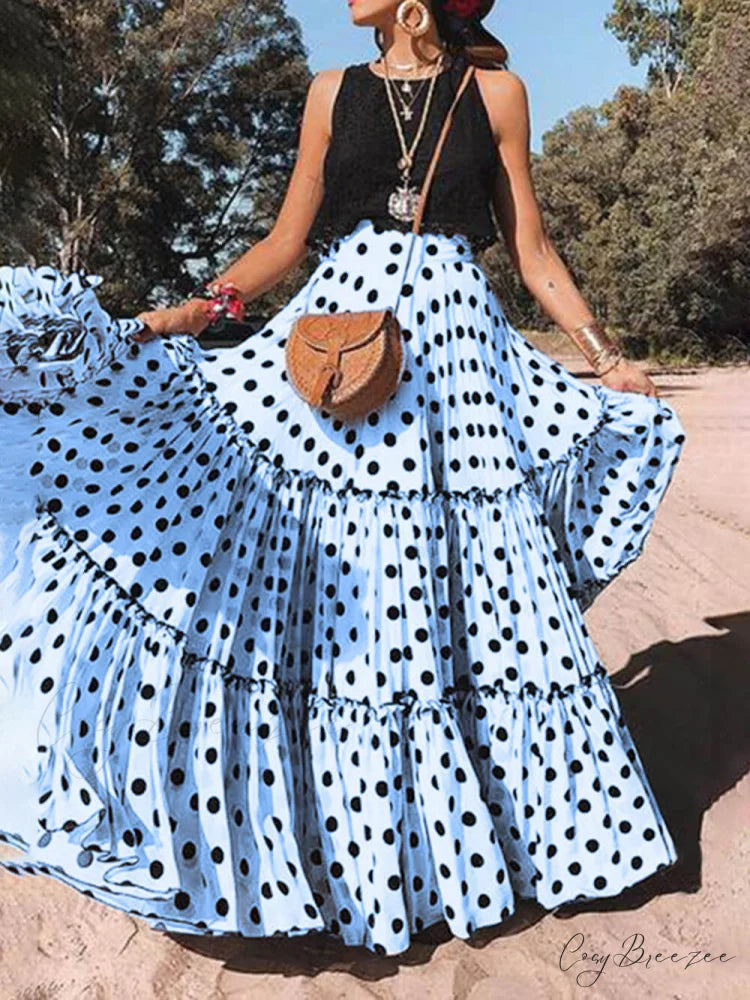 Casual Long Polka Charming Dot Printed Halter Skirt Peacock Blue / S