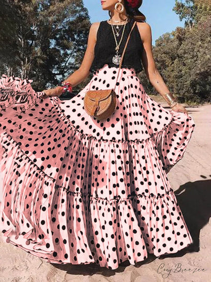 Casual Long Polka Charming Dot Printed Halter Skirt Pink / S