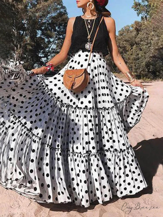 Casual Long Polka Charming Dot Printed Halter Skirt White / S