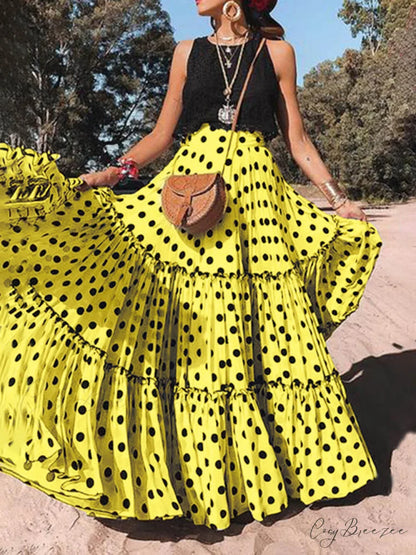 Casual Long Polka Charming Dot Printed Halter Skirt Yellow / S