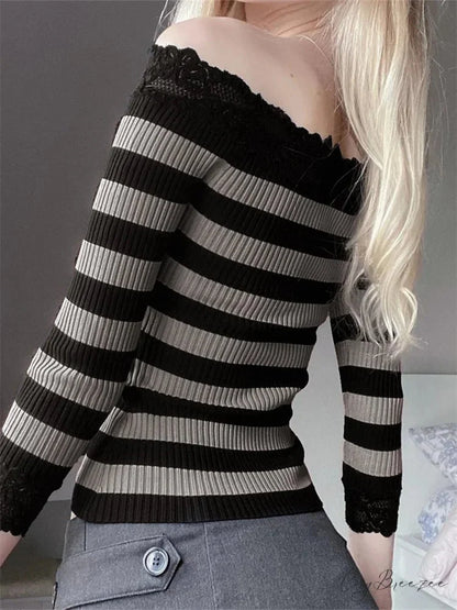 Casual Long Sleeve Retro Striped Off-Shoulder T-Shirts