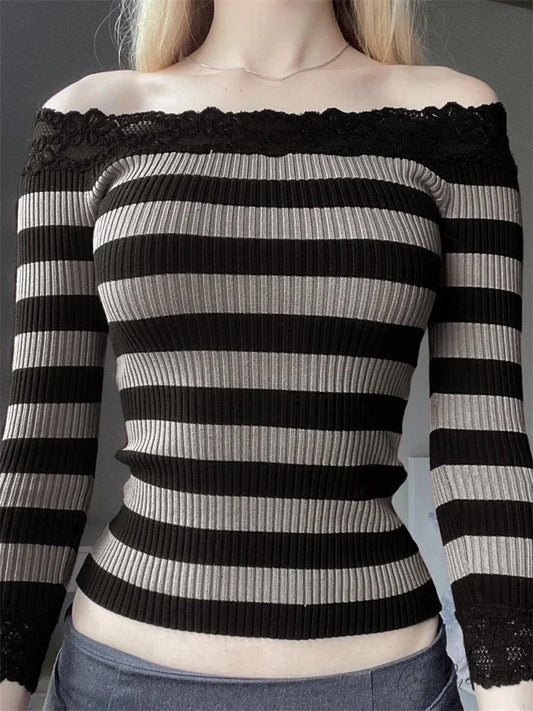 Casual Long Sleeve Retro Striped Off-Shoulder T-Shirts BLACK / S