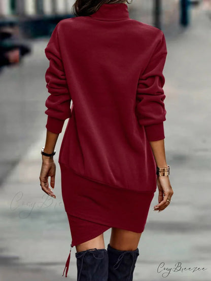 Casual Long Sleeves Loose Solid Color Sophisticated Textured High-Neck Cotton Padded Midi Dresses