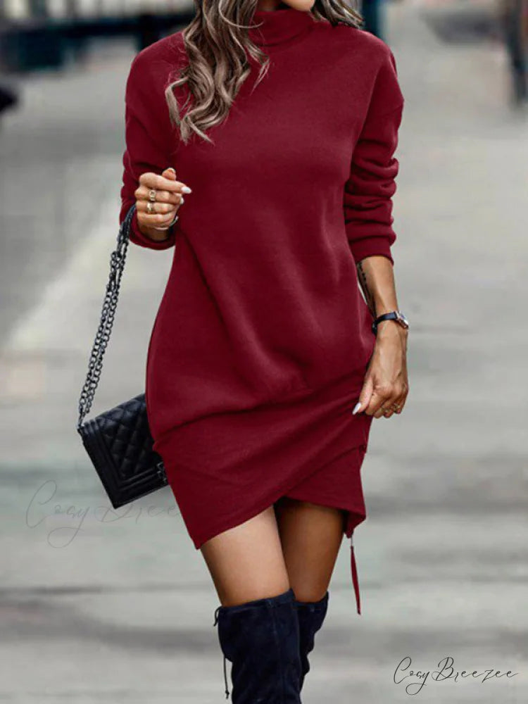 Casual Long Sleeves Loose Solid Color Sophisticated Textured High-Neck Cotton Padded Midi Dresses WINE RED / S