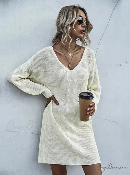 Casual Long V-Neck Pullover Sweater Dress