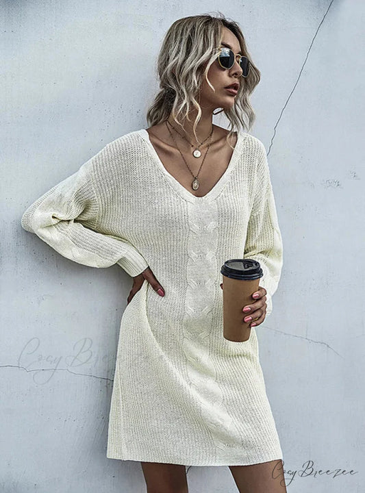 Casual Long V-Neck Pullover Sweater Dress