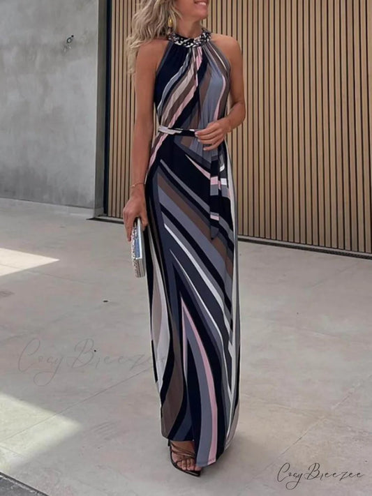 Casual Loose Halterneck Striped Graceful Gradient Print Maxi Dress Multicolor / S