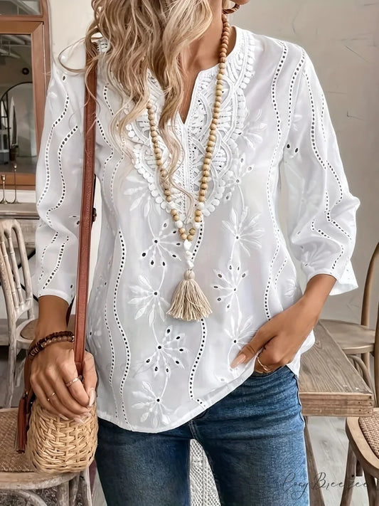Casual Loose V-neck Lace Splicing White Crop Top blouse-250126