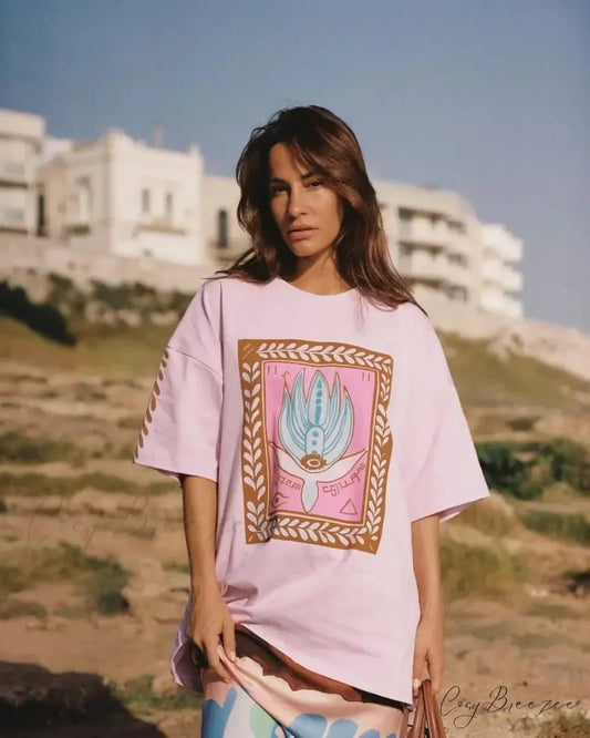 Casual Lotus Eyed Graphic T-shirt pink / S t-shirt-250223
